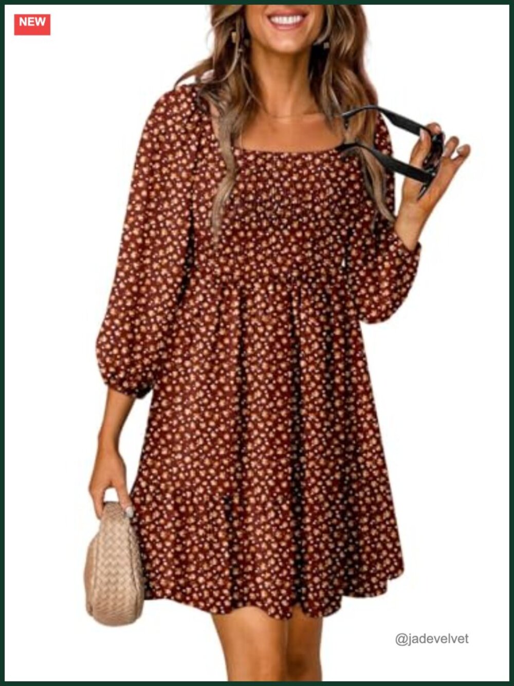 Bohemian Floral Square Neck Smocked 3/4 Sleeve A-Line Swing Mini Dress